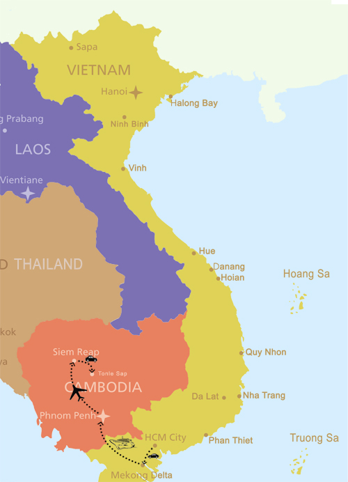 map: Mekong Delta and Angkor Temples 8 days